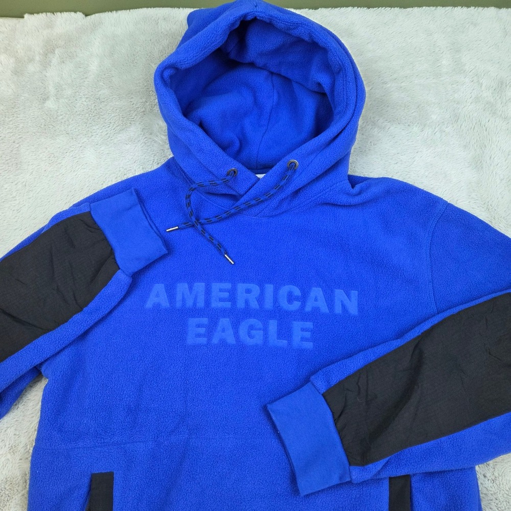American Eagle Fleece Hoodie Mens M Colorblock Logo Pocket Pullover Royal Blue